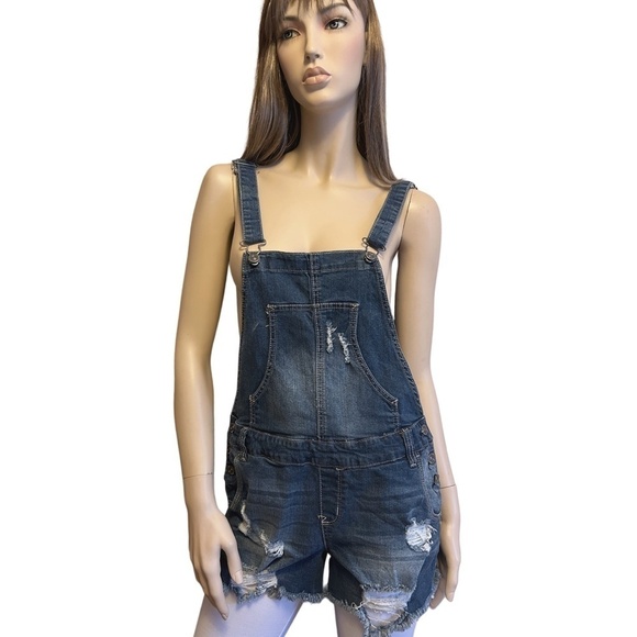 Wallflower Overall Shorts Factory Destroyed Distressed Dungaree Denim Romper - Picture 4 of 13